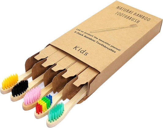 ECOETBOO Kids Bamboo Toothbrush Medium Bristles Rainbow 5 Pack Childrens Toothbrushes Eco-Friendly Wooden Handle Tooth Brush (5 Colors)